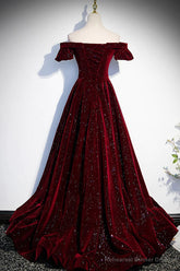 Wine Red Velvet Off Shoulder Long Formal Evening Gown, Wine Red Prom Dresses